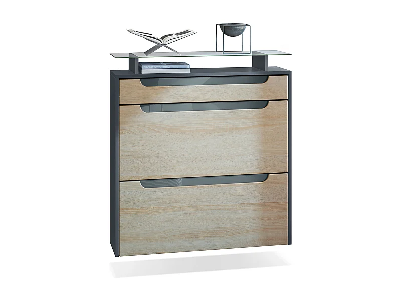 SCHUHSCHRANK Annie Fronten in Eiche sägerau, Griffmulden in Grau Hochglanz