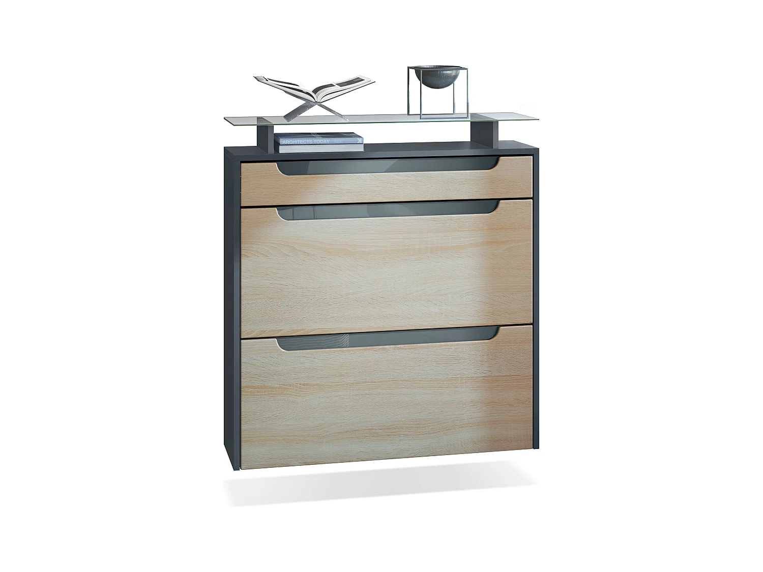 Scarpiera  Annie per 16 paia di scarpe con 2 ante a ribalta e ripiano in vetro, antracite/rovere grezzo, maniglie incassate in grigio lucido (89 x 96 x 23 cm)