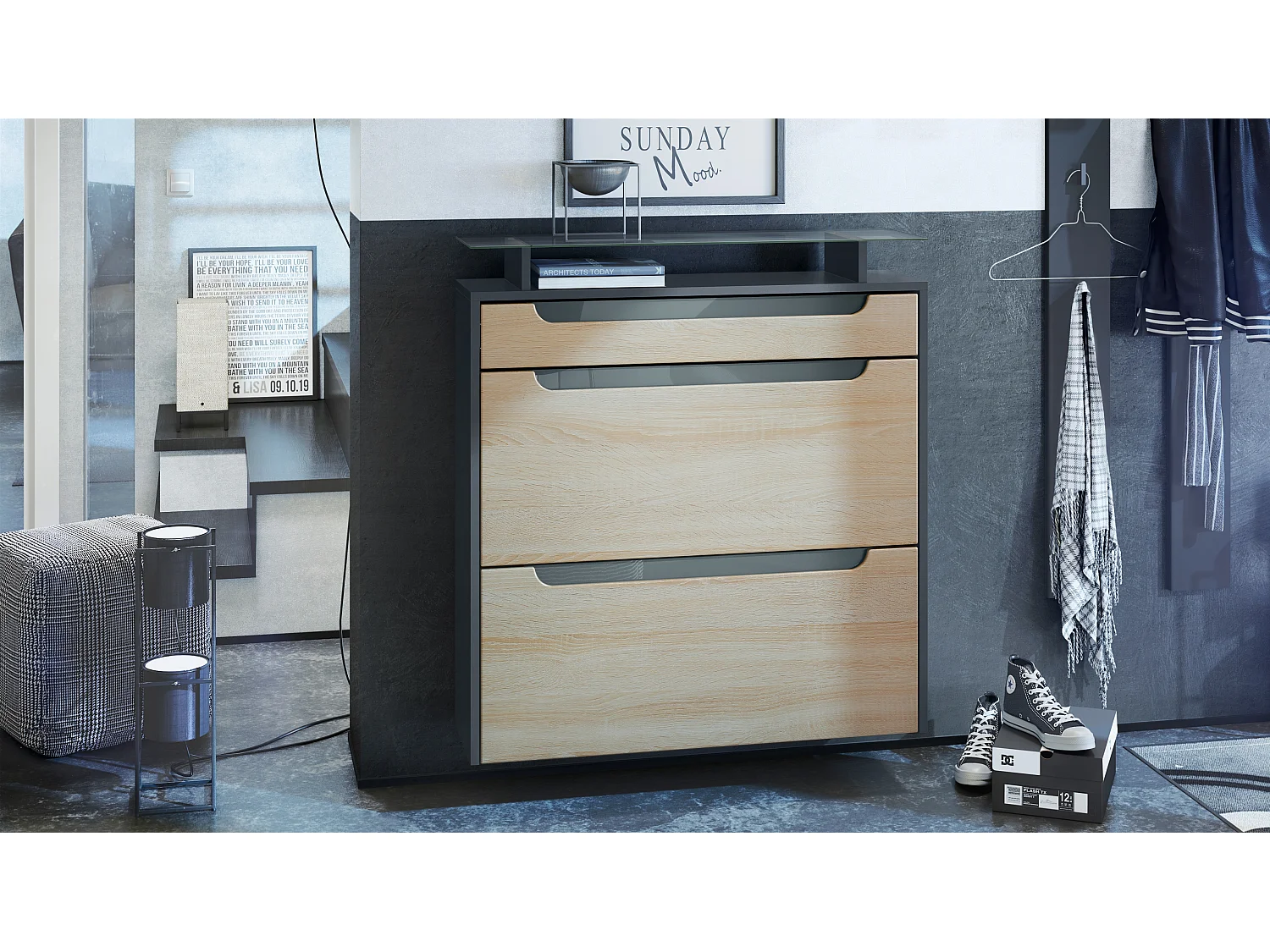 SCHUHSCHRANK Annie Fronten in Eiche sägerau, Griffmulden in Grau Hochglanz