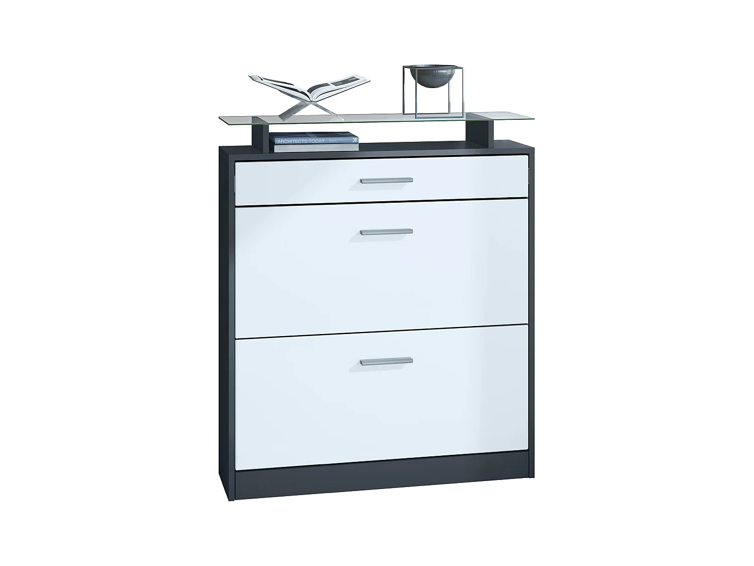 Scarpiera Loret 89 x 104 x 23 cm per 16 paia di scarpe, con ripiano in vetro, struttura in antracite opaco, frontale in bianco opaco.
