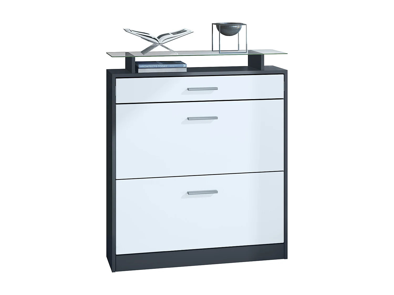 Scarpiera Loret 89 x 104 x 23 cm per 16 paia di scarpe, con ripiano in vetro, struttura in antracite opaco, frontale in bianco opaco.