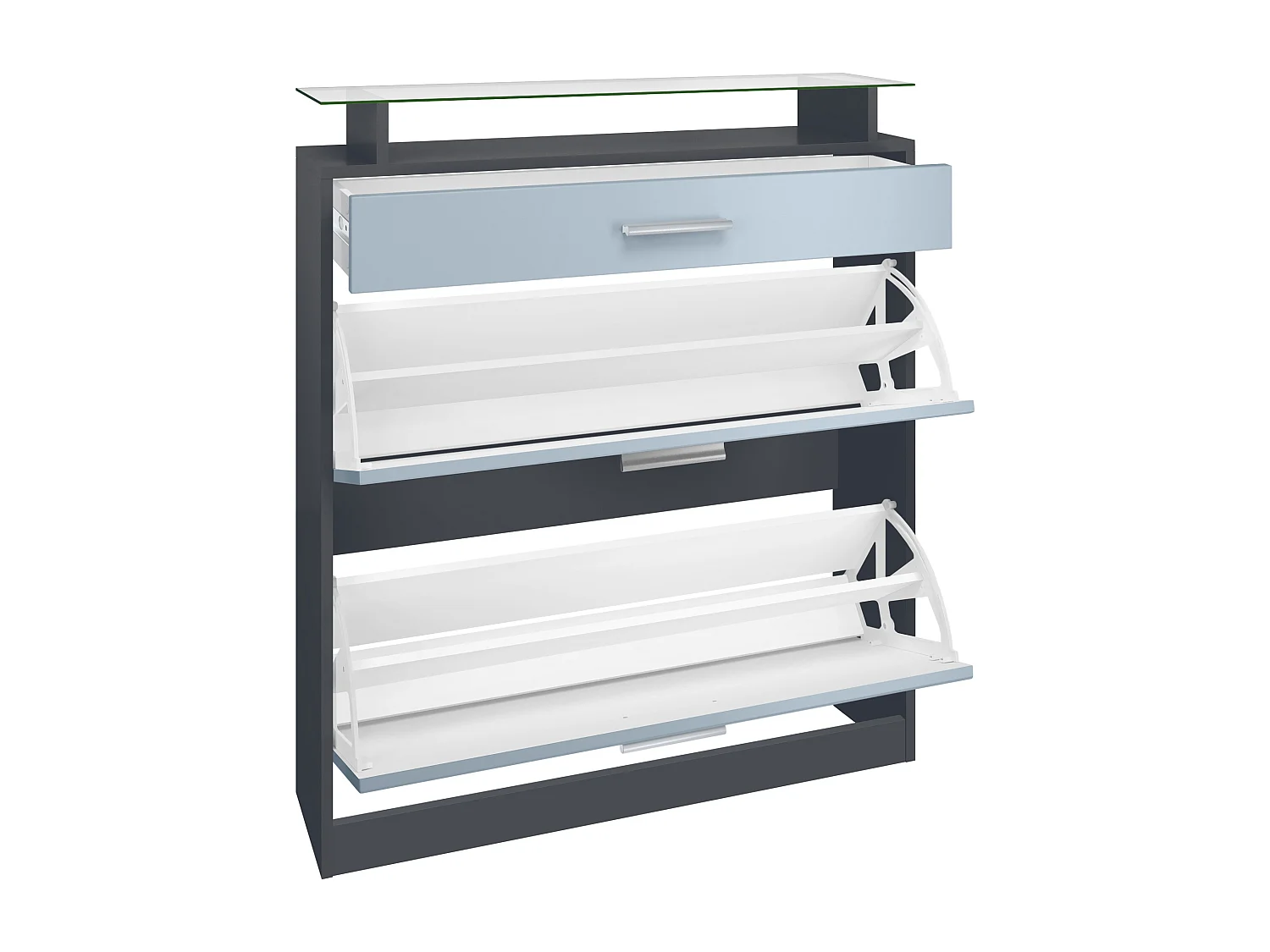 Scarpiera Loret 89 x 104 x 23 cm per 16 paia di scarpe, con ripiano in vetro, struttura in antracite opaco, frontale in bianco opaco.