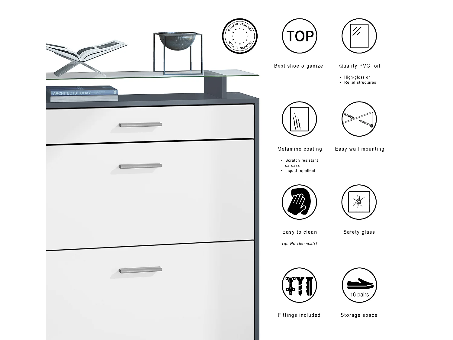 Scarpiera Loret 89 x 104 x 23 cm per 16 paia di scarpe, con ripiano in vetro, struttura in antracite opaco, frontale in bianco opaco.