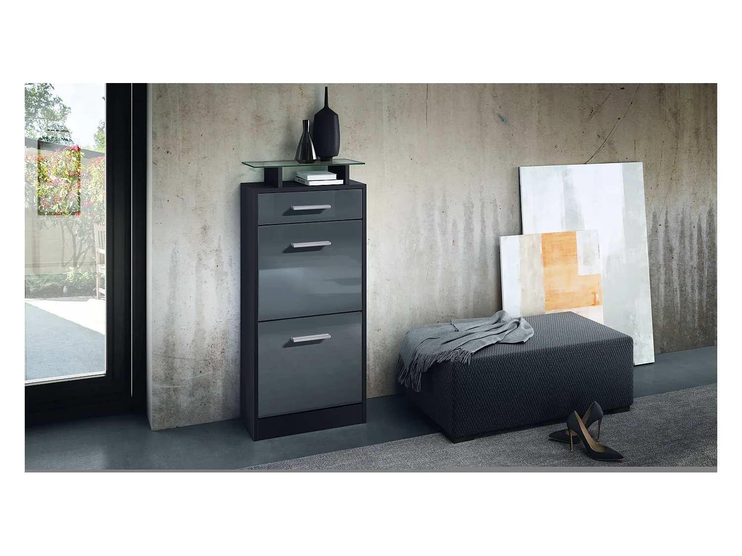 Meuble chaussure Loret V2, Étagère à chaussures pour 8 paires de chaussures avec 2 clapets, 1 tiroir, Noir mat/Gris brillant (46 x 104 x 23 cm)