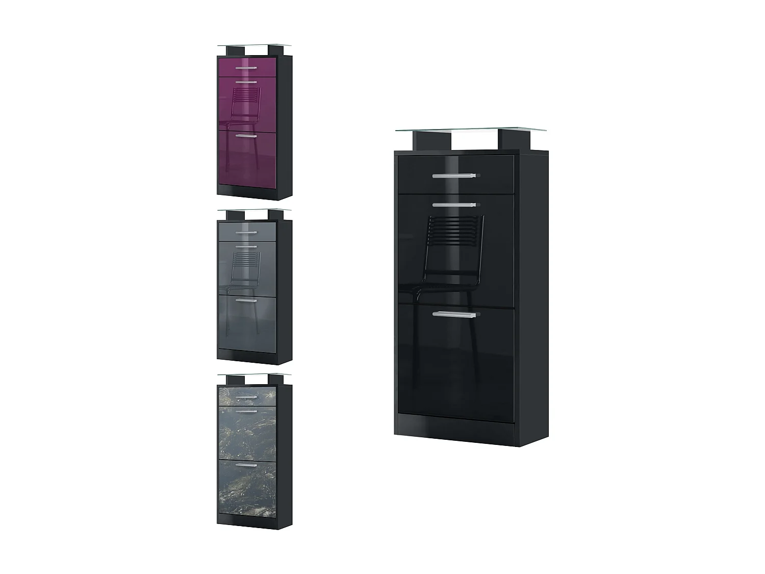 Meuble chaussure Loret V2, Étagère à chaussures pour 8 paires de chaussures avec 2 clapets, 1 tiroir, Noir mat/Gris brillant (46 x 104 x 23 cm)