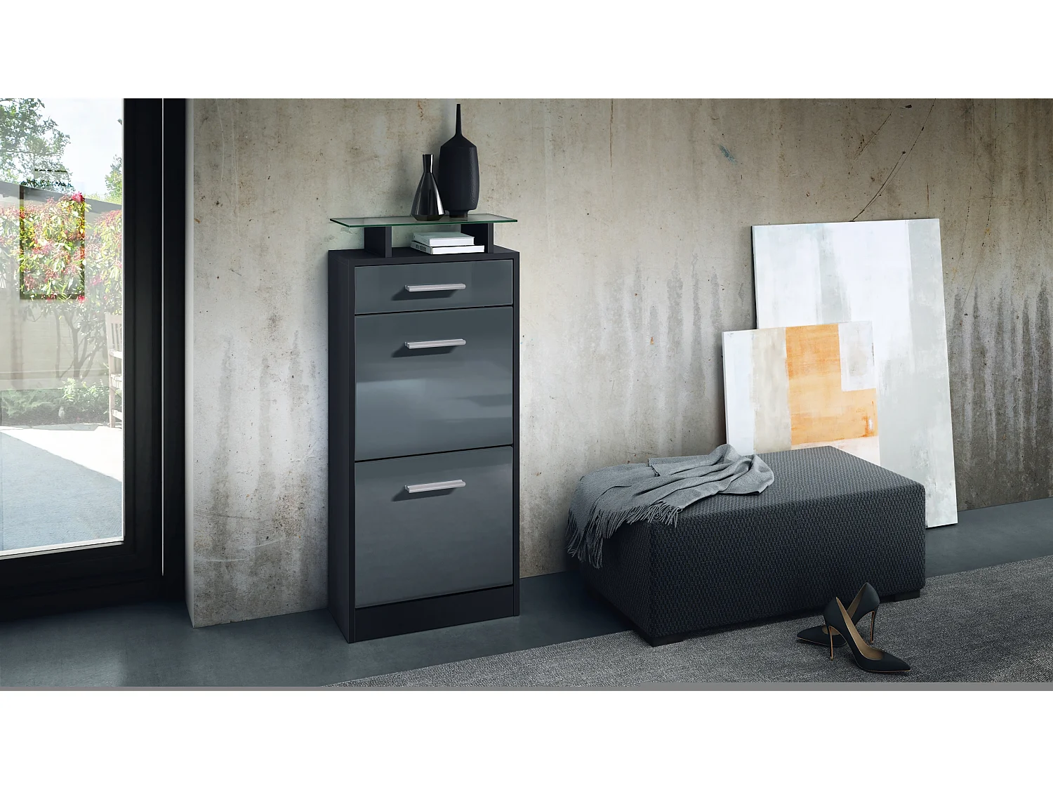 Meuble chaussure Loret V2, Étagère à chaussures pour 8 paires de chaussures avec 2 clapets, 1 tiroir, Noir mat/Gris brillant (46 x 104 x 23 cm)