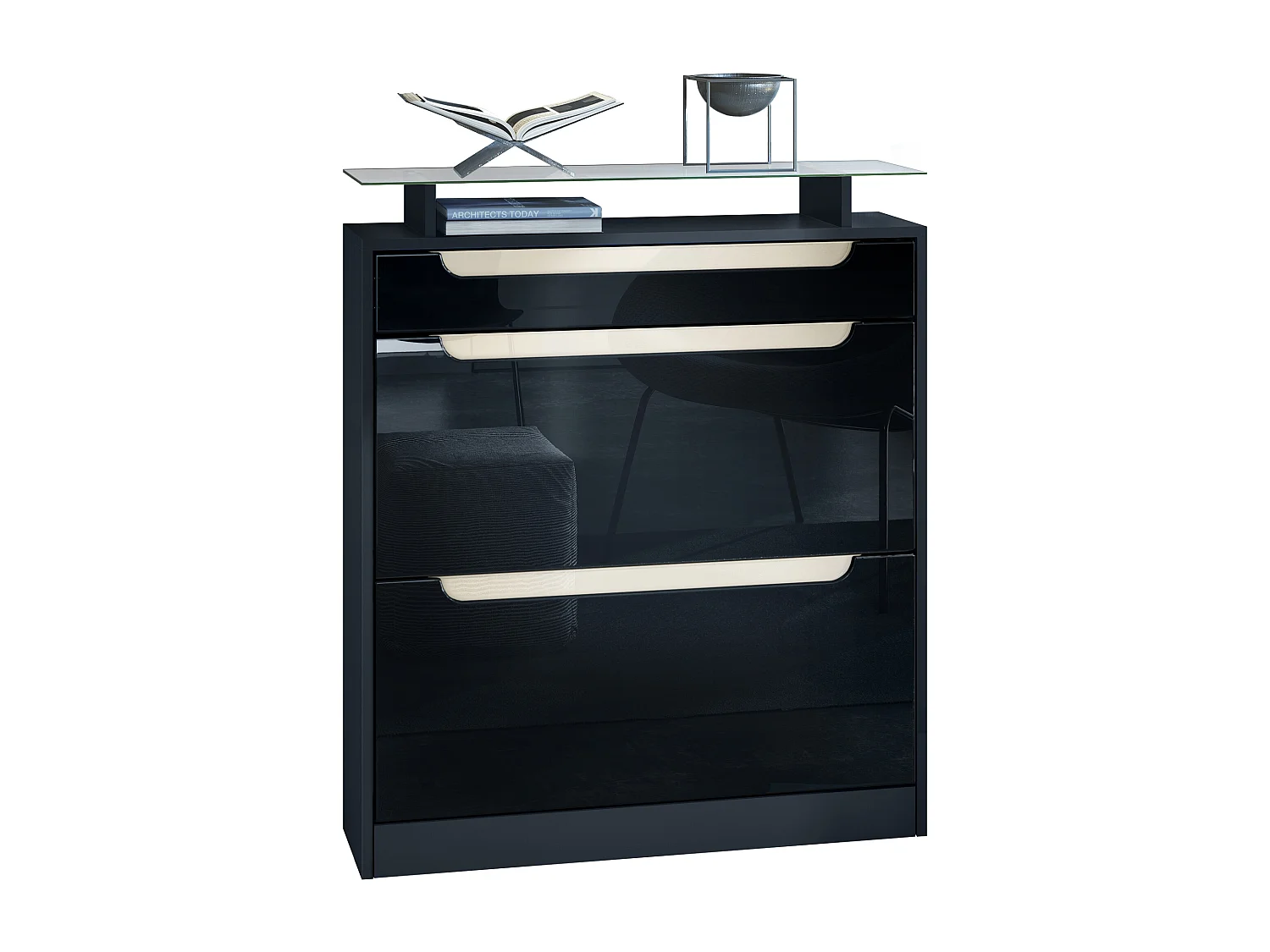 Vladon Mueble zapatero Fiesta, negro mate/negro de alto brillo/crema de alto brillo - volquete zapatero para 16 pares de zapatos (89 x 104 x 23 cm)