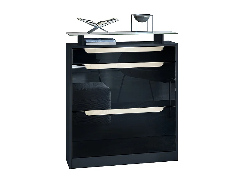 Armoire à chaussures Fiesta, noir mat/noir haute brillance/crème haute brillance - basculeur pour 16 paires de chaussures (89 x 104 x 23 cm)