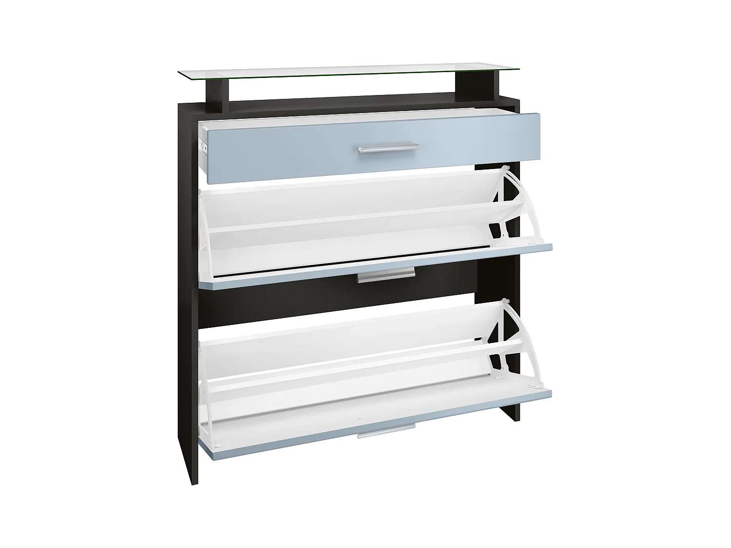 Meuble chaussures Malea, Armoire à chaussures murale pour 16 paires avec 2 clapets, 1 tiroir, Noir mat/Gris sable brillant (89 x 96 x 23 cm)