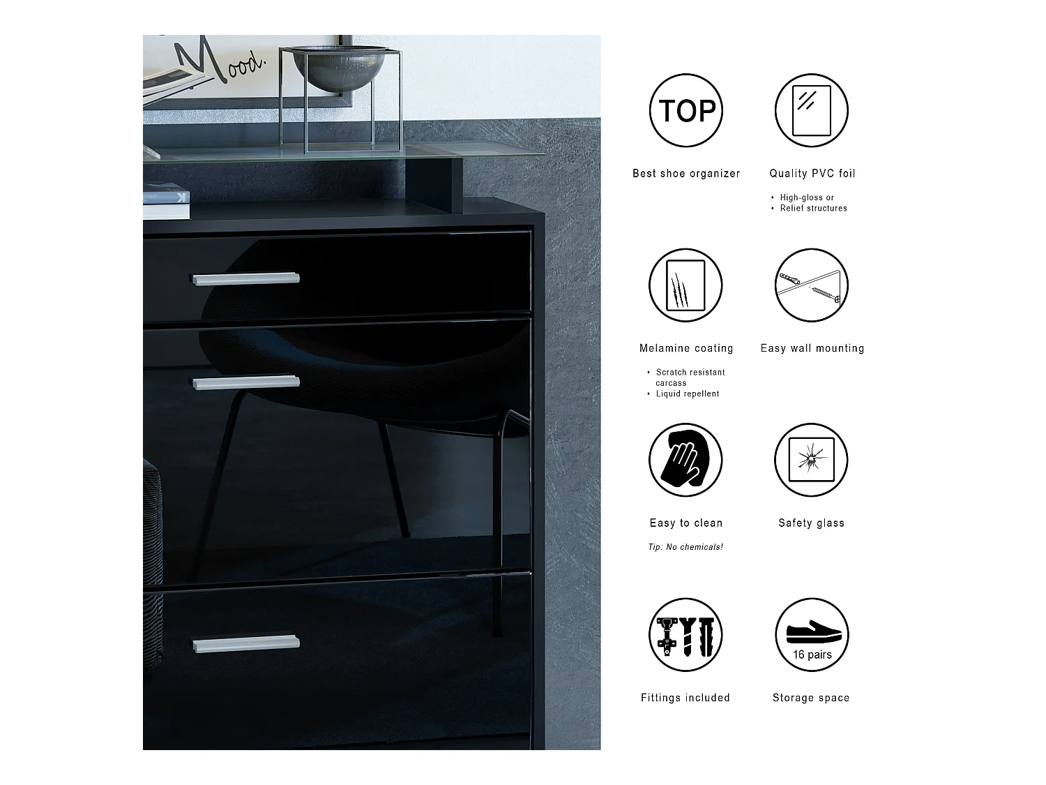 Meuble chaussures Malea, Armoire à chaussures murale pour 16 paires avec 2 clapets, 1 tiroir, Noir mat/Gris sable brillant (89 x 96 x 23 cm)