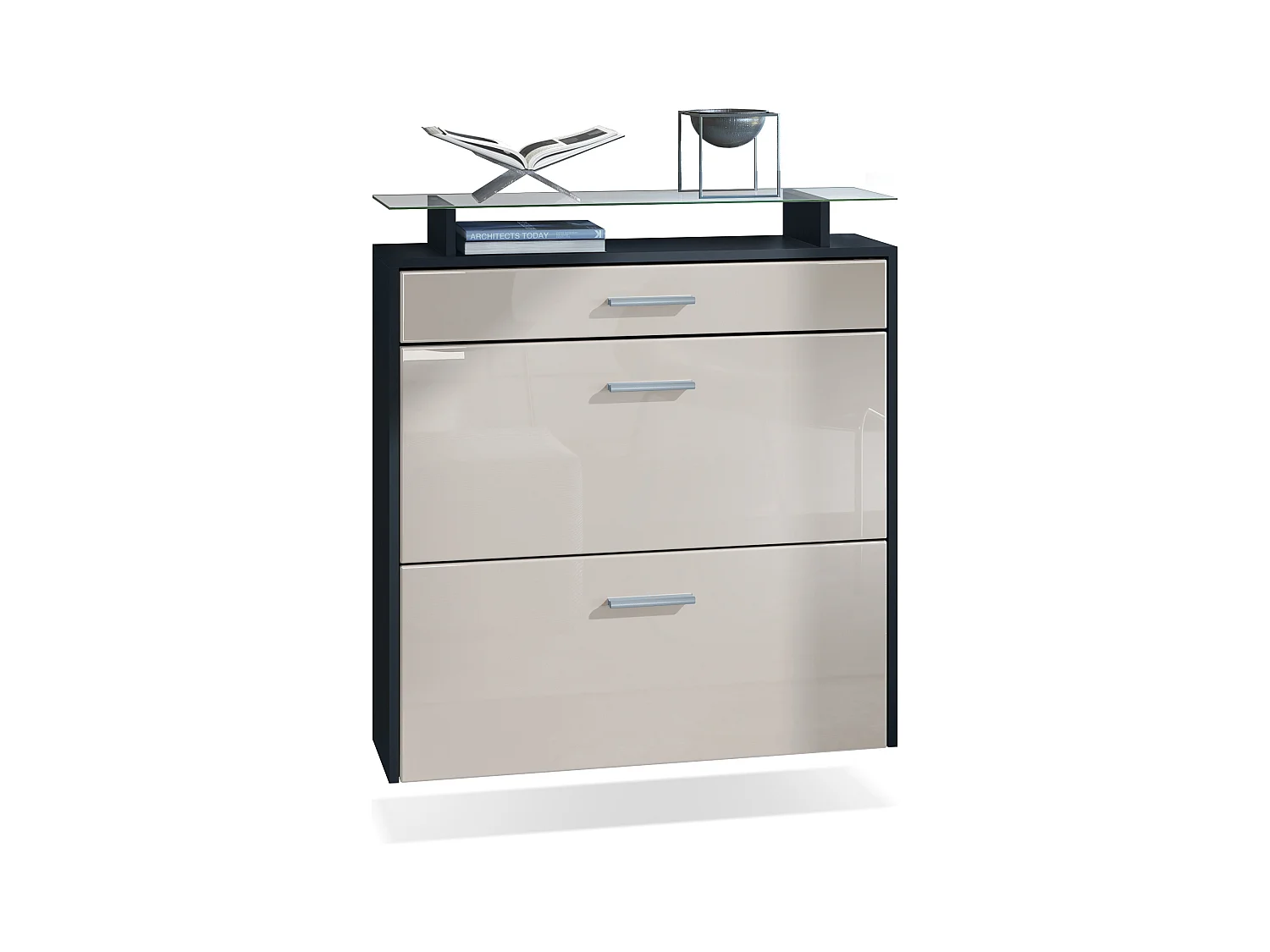 Meuble chaussures Malea, Armoire à chaussures murale pour 16 paires avec 2 clapets, 1 tiroir, Noir mat/Gris sable brillant (89 x 96 x 23 cm)