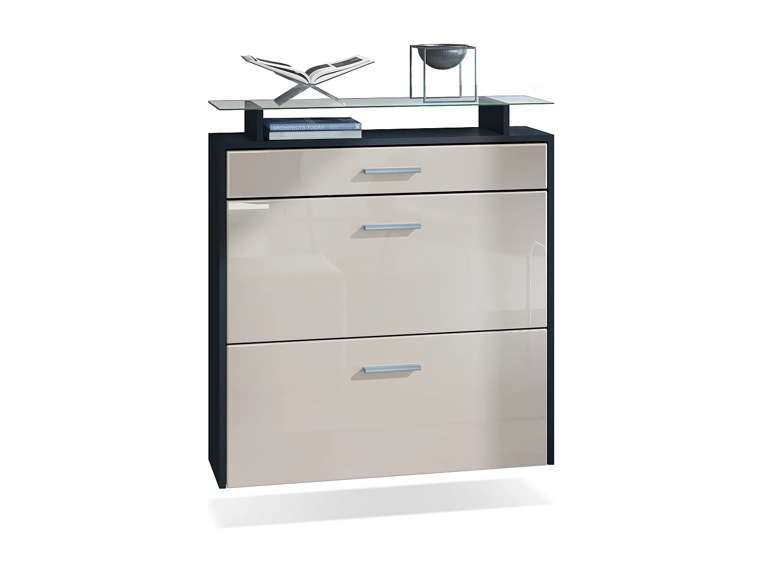 Malea, scarpiera a muro per 16 paia di scarpe con 2 ante a ribalta, 1 cassetto e ripiano in vetro, nero opaco/grigio sabbia lucido (89 x 96 x 23 cm)