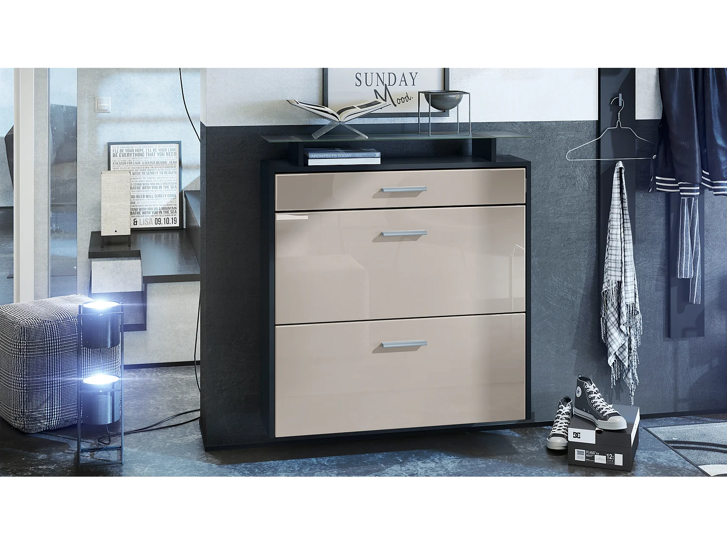 Malea, scarpiera a muro per 16 paia di scarpe con 2 ante a ribalta, 1 cassetto e ripiano in vetro, nero opaco/grigio sabbia lucido (89 x 96 x 23 cm)