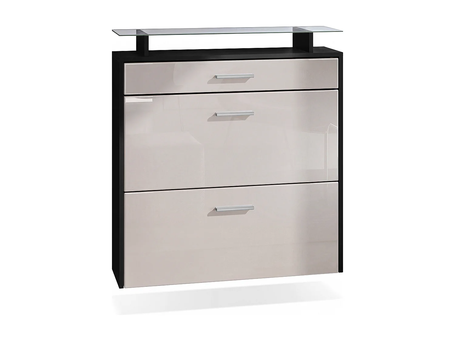 Meuble chaussures Malea, Armoire à chaussures murale pour 16 paires avec 2 clapets, 1 tiroir, Noir mat/Gris sable brillant (89 x 96 x 23 cm)