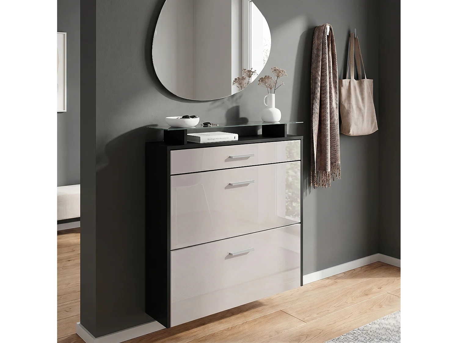 Meuble chaussures Malea, Armoire à chaussures murale pour 16 paires avec 2 clapets, 1 tiroir, Noir mat/Gris sable brillant (89 x 96 x 23 cm)