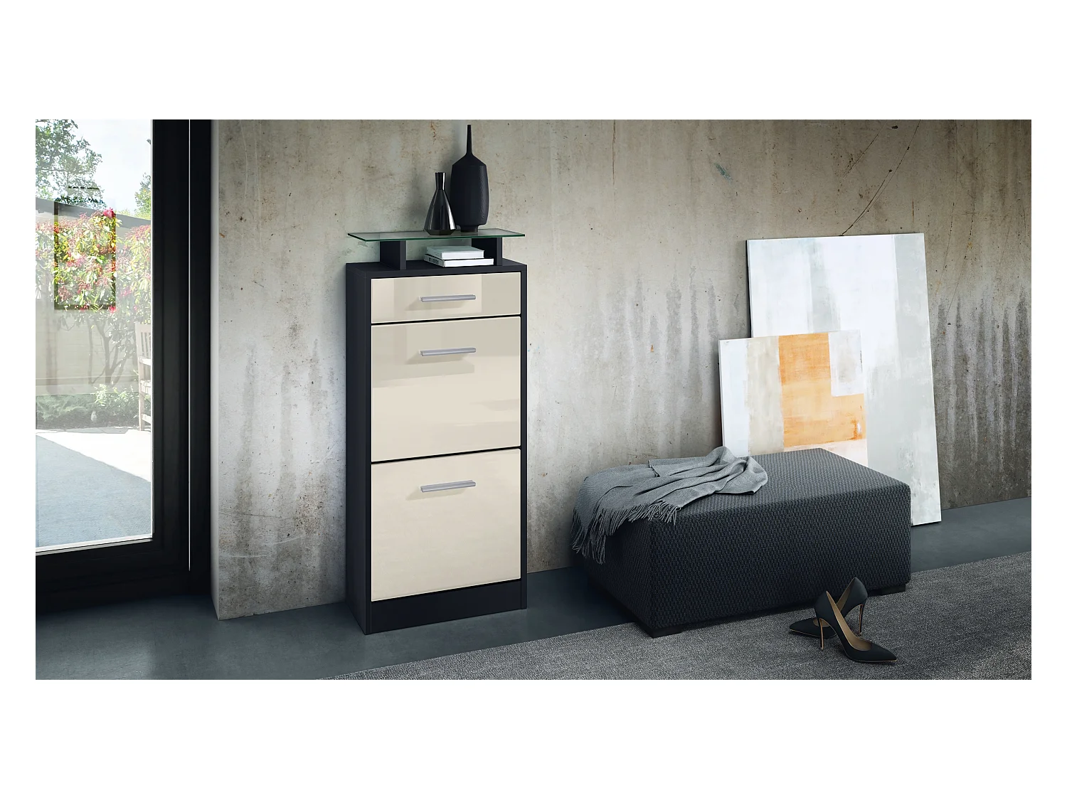 Meuble chaussure Loret V2, Étagère à chaussures pour 8 paires de chaussures avec 2 clapets, 1 tiroir, Noir mat/Crème brillant (46 x 104 x 23 cm)