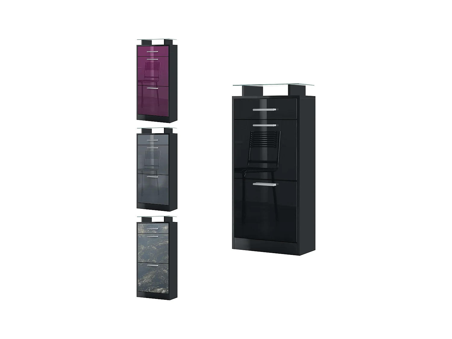 Meuble chaussure Loret V2, Étagère à chaussures pour 8 paires de chaussures avec 2 clapets, 1 tiroir, Noir mat/Crème brillant (46 x 104 x 23 cm)