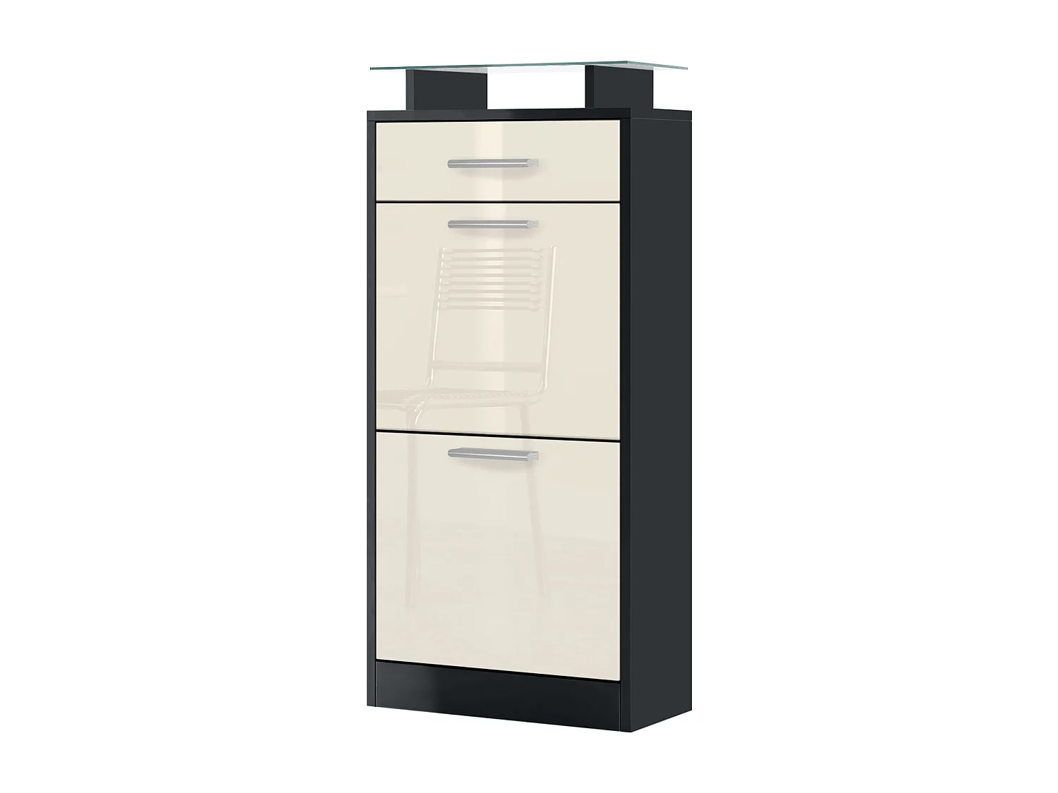 Meuble chaussure Loret V2, Étagère à chaussures pour 8 paires de chaussures avec 2 clapets, 1 tiroir, Noir mat/Crème brillant (46 x 104 x 23 cm)