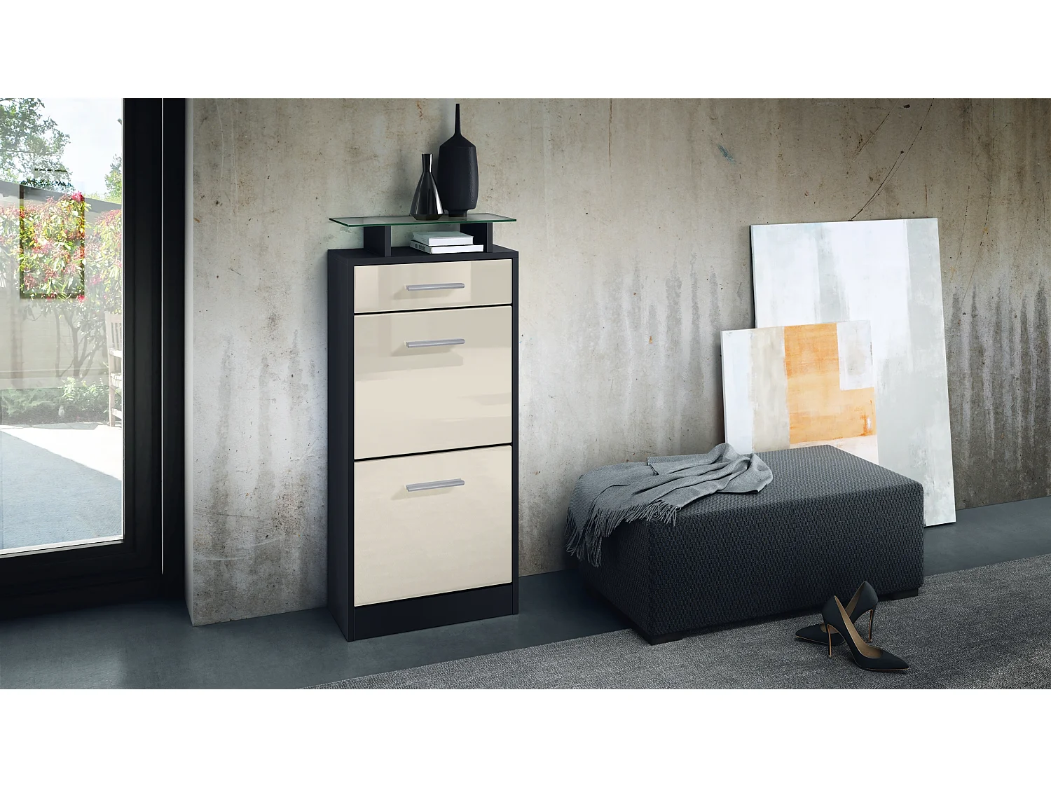 Meuble chaussure Loret V2, Étagère à chaussures pour 8 paires de chaussures avec 2 clapets, 1 tiroir, Noir mat/Crème brillant (46 x 104 x 23 cm)