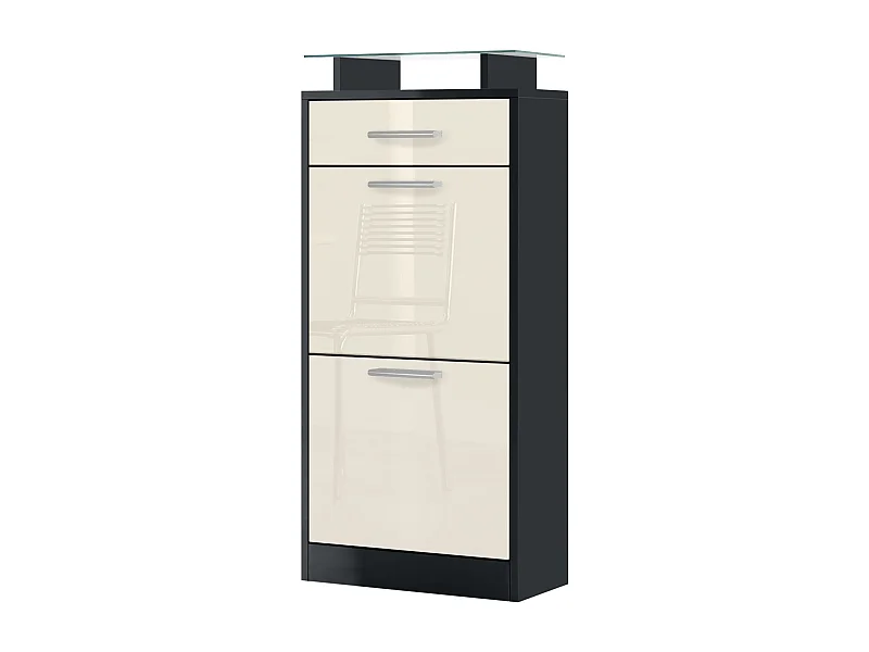 Meuble chaussure Loret V2, Étagère à chaussures pour 8 paires de chaussures avec 2 clapets, 1 tiroir, Noir mat/Crème brillant (46 x 104 x 23 cm)