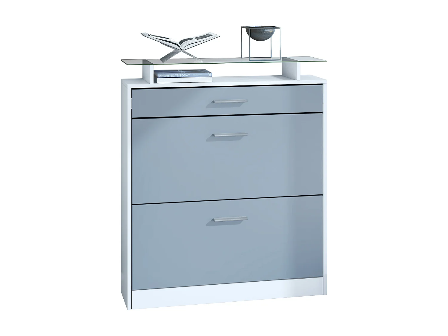 Meuble chaussure Loret, Étagère à chaussures pour 16 paires de chaussures avec 2 clapets à bascule, 1 tiroir, Blanc mat/Denim mat (89 x 104 x 23 cm)