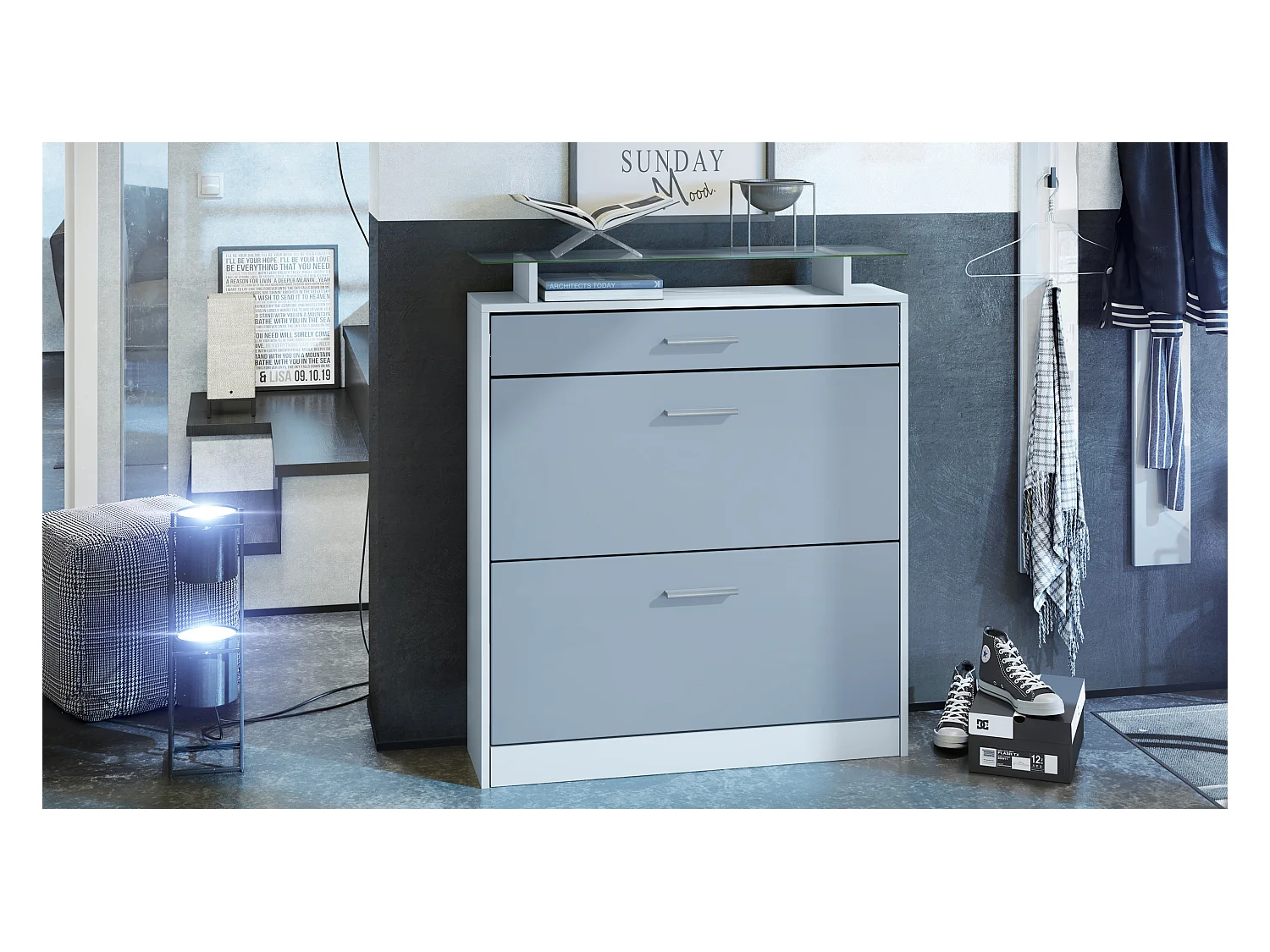 Meuble chaussure Loret, Étagère à chaussures pour 16 paires de chaussures avec 2 clapets à bascule, 1 tiroir, Blanc mat/Denim mat (89 x 104 x 23 cm)