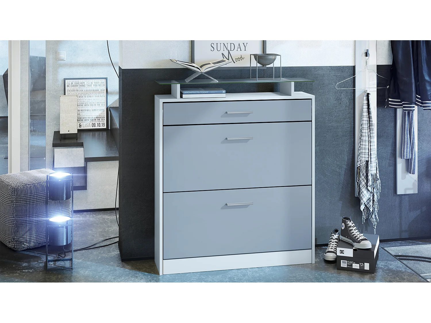 Meuble chaussure Loret, Étagère à chaussures pour 16 paires de chaussures avec 2 clapets à bascule, 1 tiroir, Blanc mat/Denim mat (89 x 104 x 23 cm)