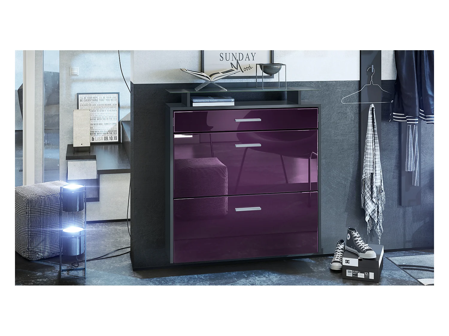 Armoire à chaussures Malea de , anthracite mat/mûre haute brillance - basculeur à chaussures suspendu pour 16 paires de chaussures (89 x 96 x 23 cm)