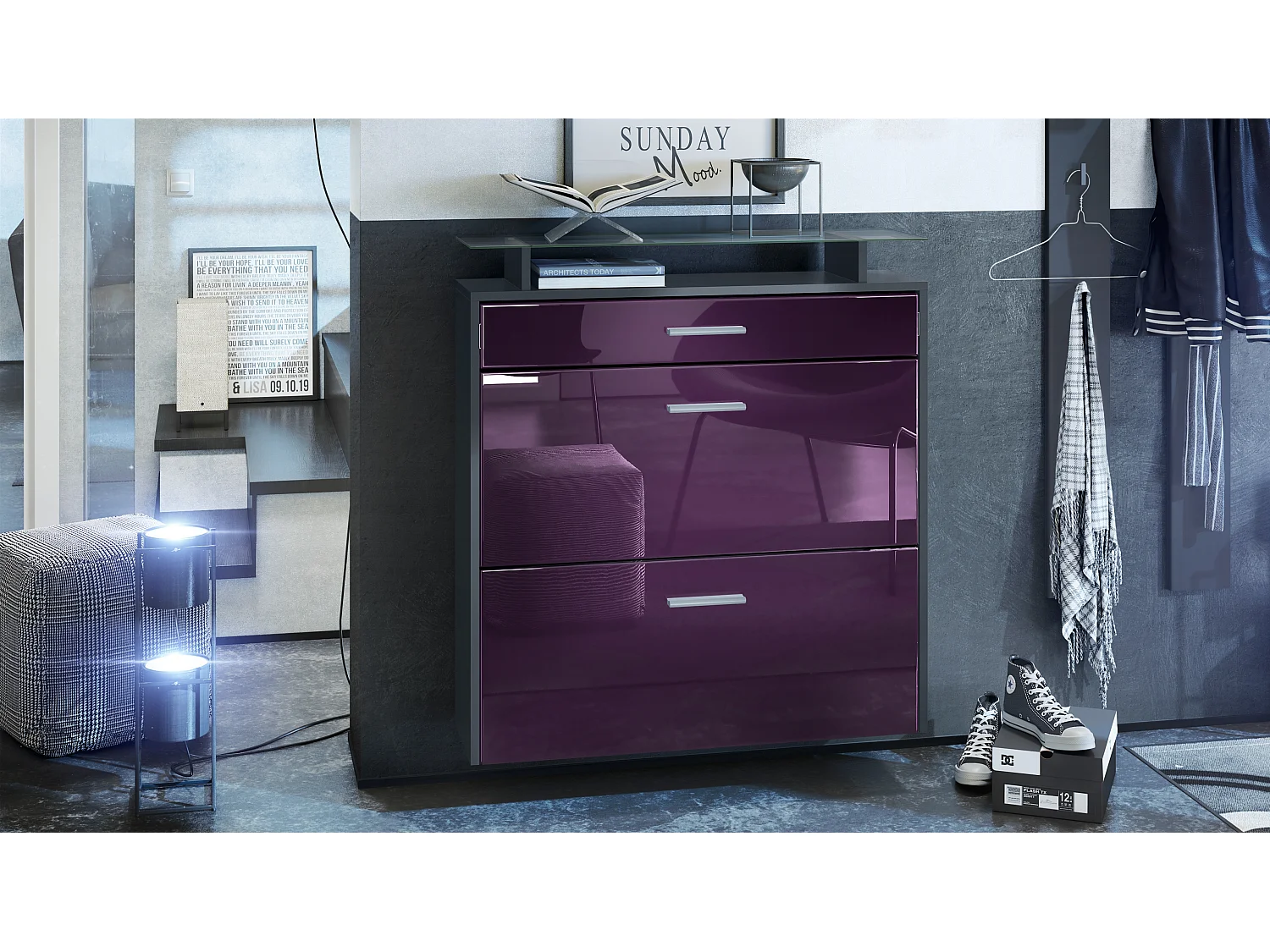 Scarpiera Vladon Malea, antracite opaco /violetto porpora lucido - carrello appeso per 16 paia di scarpe (89 x 96 x 23 cm)