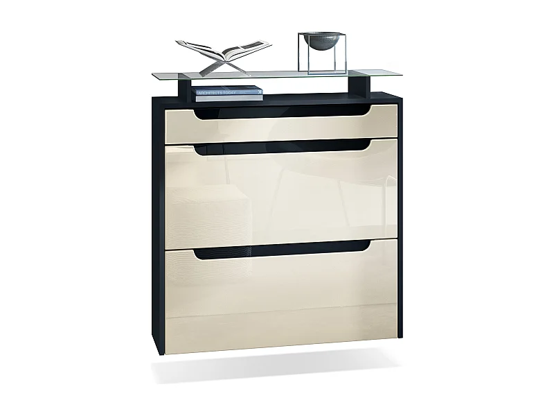 Meuble chaussures Annie pour 16 paires de chaussures avec 2 clapets et 1 tablette en verre, Noir mat/Crème haute brillance (89 x 96 x 23 cm)