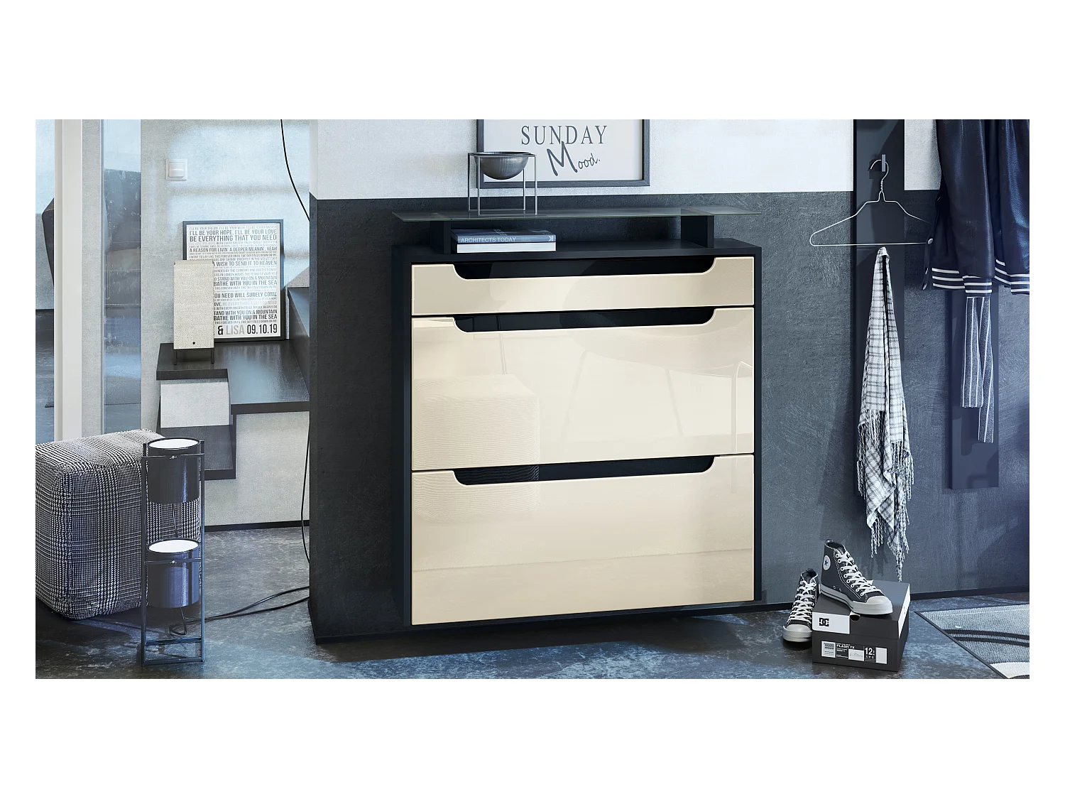 Meuble chaussures Annie pour 16 paires de chaussures avec 2 clapets et 1 tablette en verre, Noir mat/Crème haute brillance (89 x 96 x 23 cm)