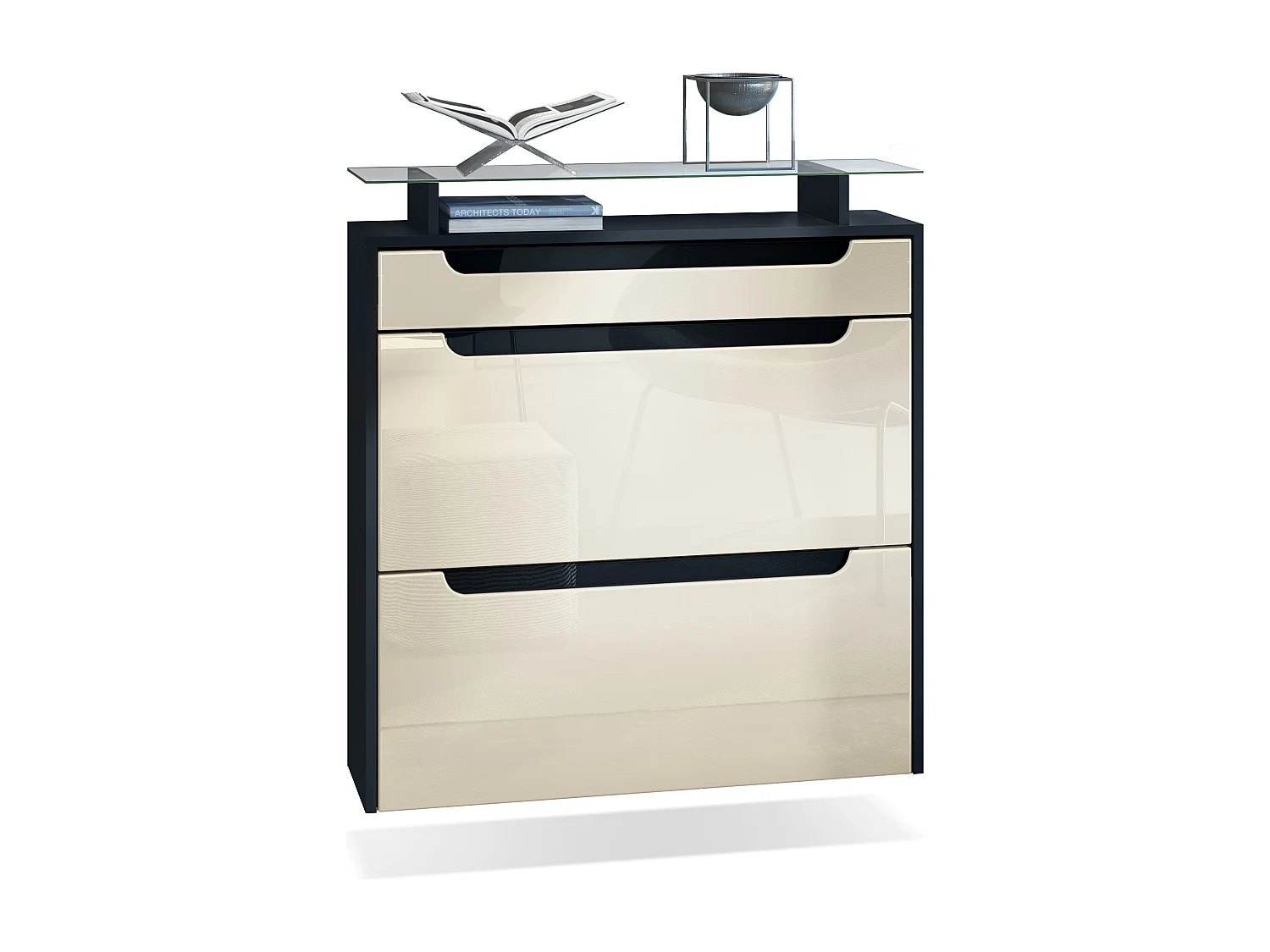 Scarpiera  Annie, mobile per 16 paia di scarpe con 2 ante a ribalta, 1 cassetto e ripiano in vetro, nero opaco/bianco lucido/nero lucido (89 x 96 x 23 cm)