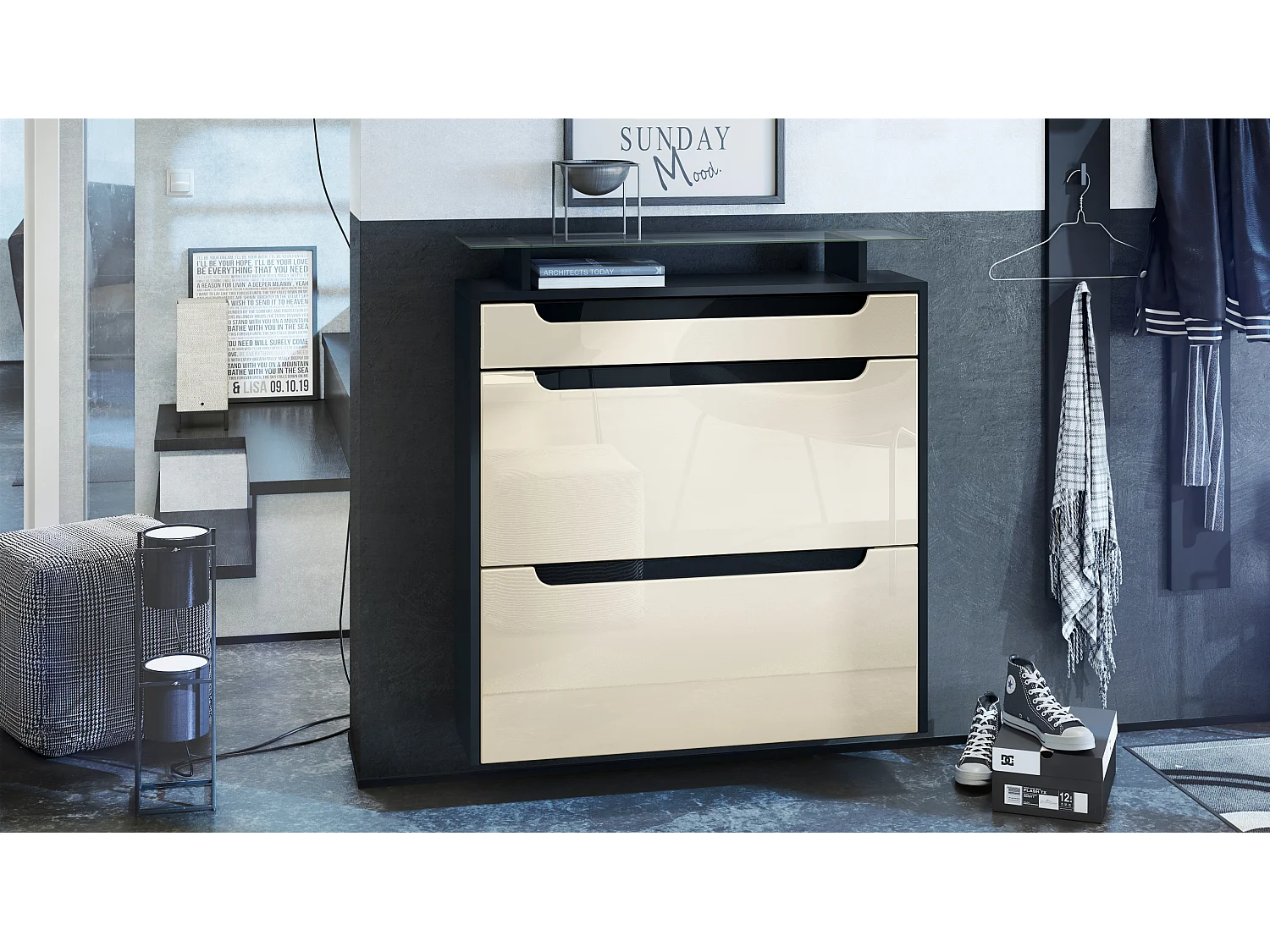 Scarpiera  Annie, mobile per 16 paia di scarpe con 2 ante a ribalta, 1 cassetto e ripiano in vetro, nero opaco/bianco lucido/nero lucido (89 x 96 x 23 cm)