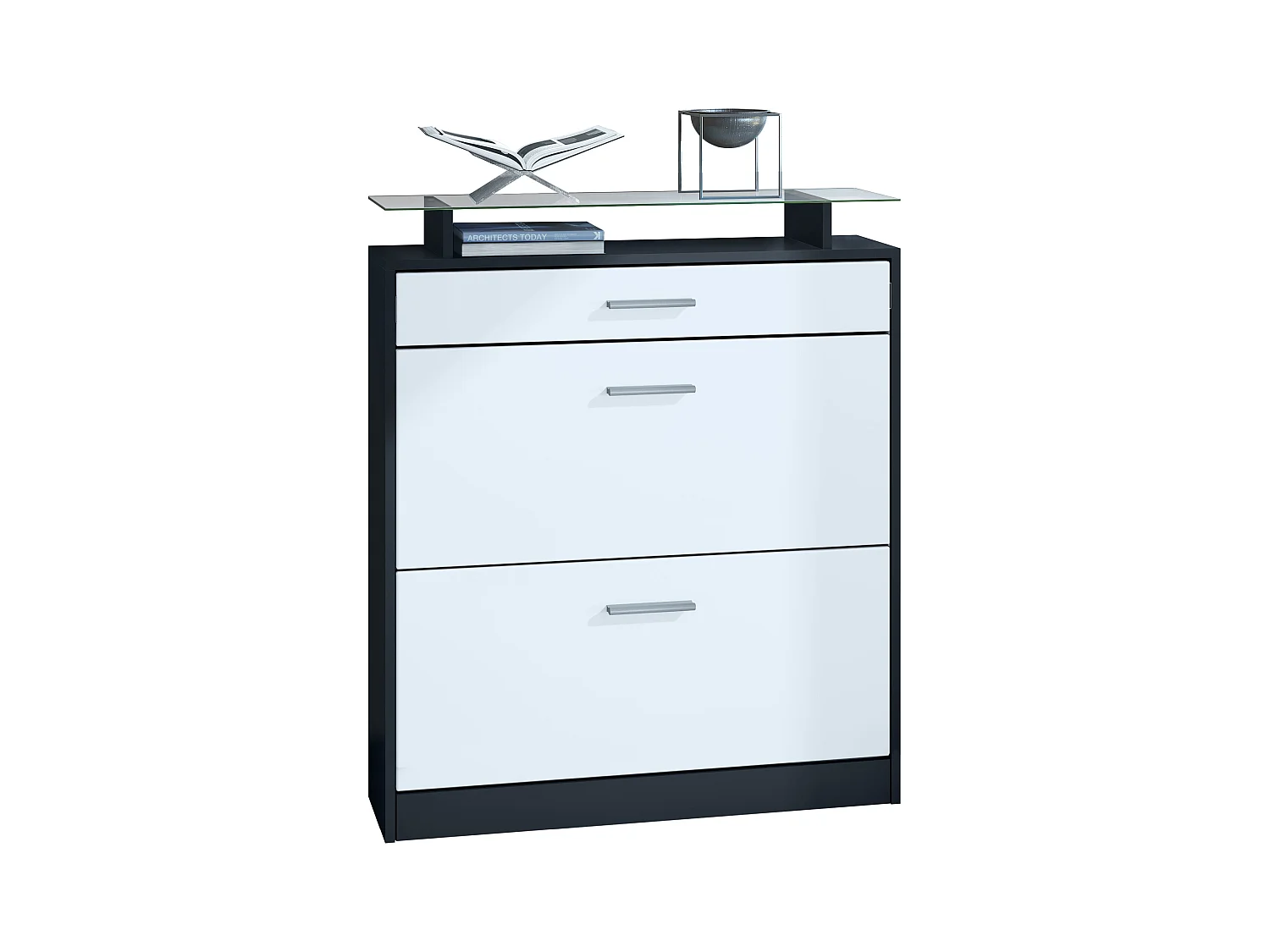 Meuble chaussure Loret, Étagère à chaussures pour 16 paires de chaussures avec 2 clapets à bascule, 1 tiroir, Noir mat/Blanc mat (89 x 104 x 23 cm)