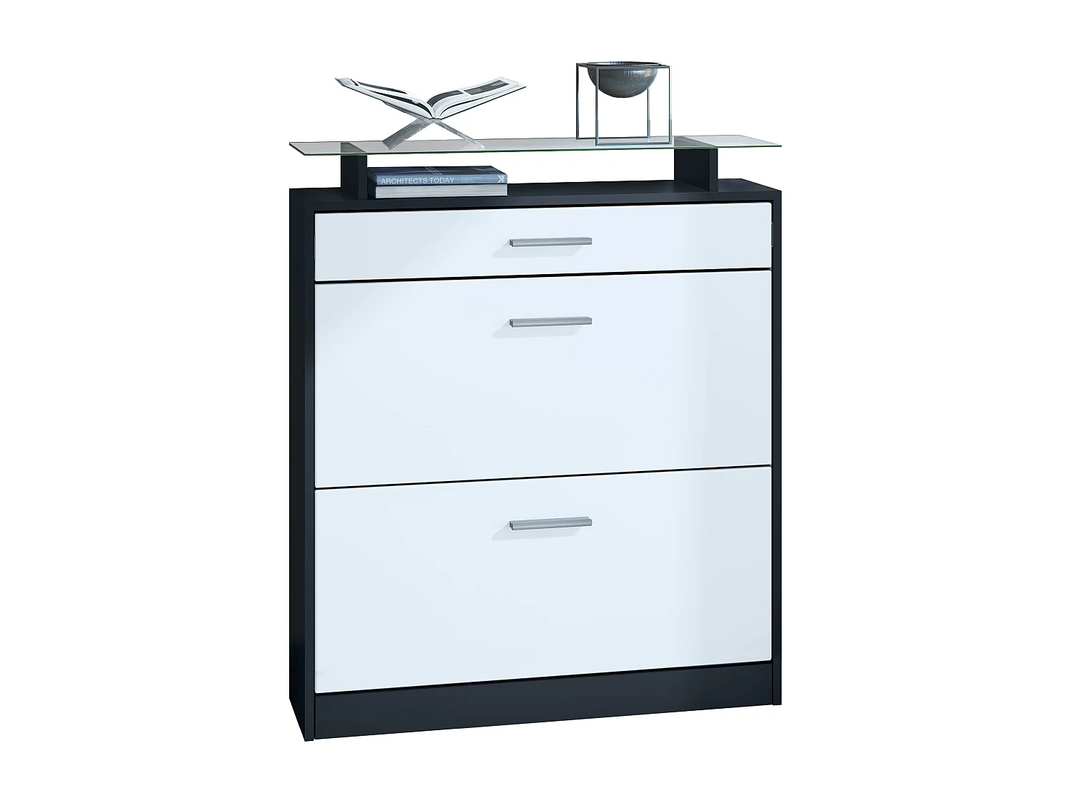 Scarpiera  Loret, mobile per 16 paia di scarpe con 2 ante a ribalta, 1 cassetto e ripiano in vetro, nero opaco/bianco opaco (89 x 104 x 23 cm)