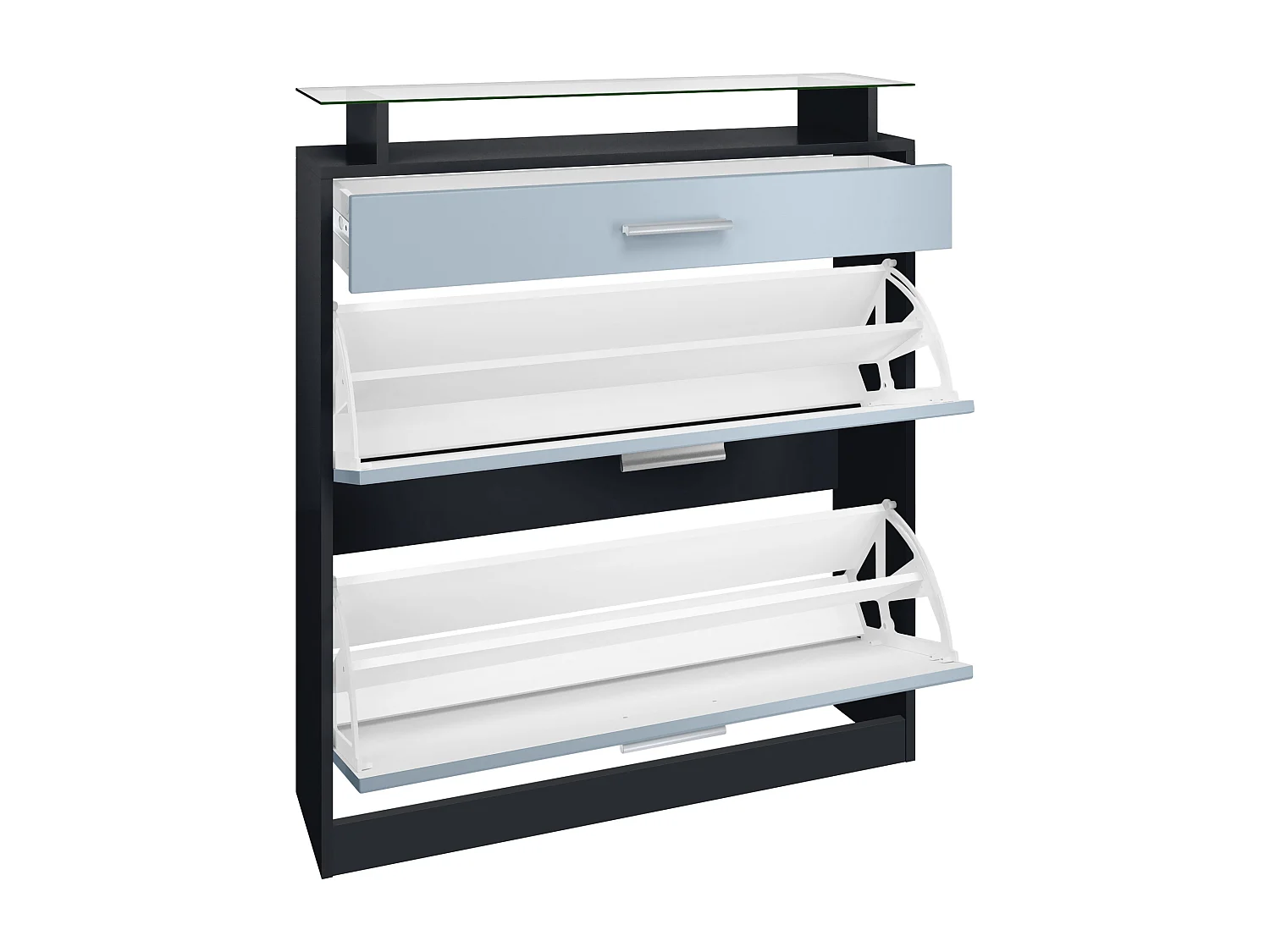 Scarpiera  Loret, mobile per 16 paia di scarpe con 2 ante a ribalta, 1 cassetto e ripiano in vetro, nero opaco/bianco opaco (89 x 104 x 23 cm)