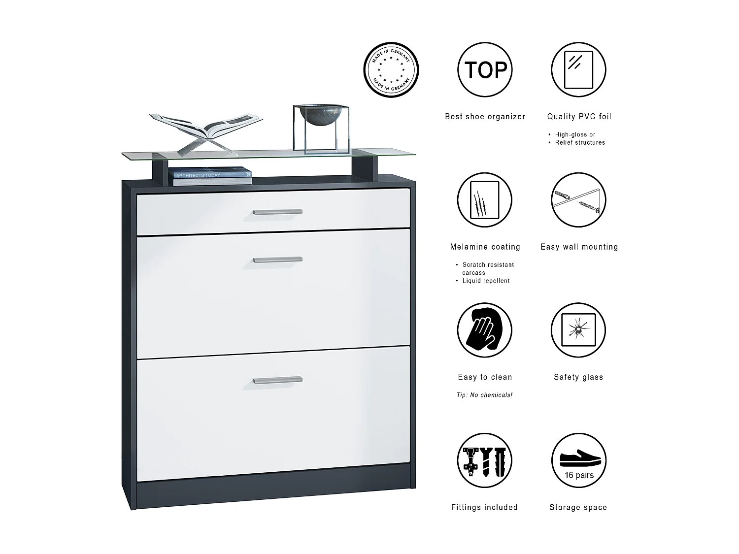 Scarpiera  Loret, mobile per 16 paia di scarpe con 2 ante a ribalta, 1 cassetto e ripiano in vetro, nero opaco/bianco opaco (89 x 104 x 23 cm)
