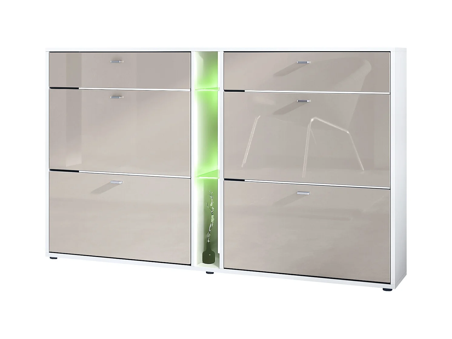 Meuble à chaussures à bascule Today 155,5 x 95 x 28 cm, avec un éclairage LED RGB, corps en Blanc mat, façades en gris sable haute brillance