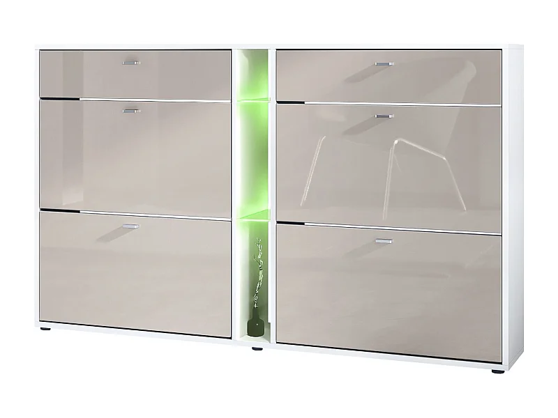 Scarpiera Today con 4 ante e 2 cassetti 155,5 x 95 x 28 cm, con illuminazione a LED RGB, struttura in bianco opaco, frontali in grigio sabbia lucido