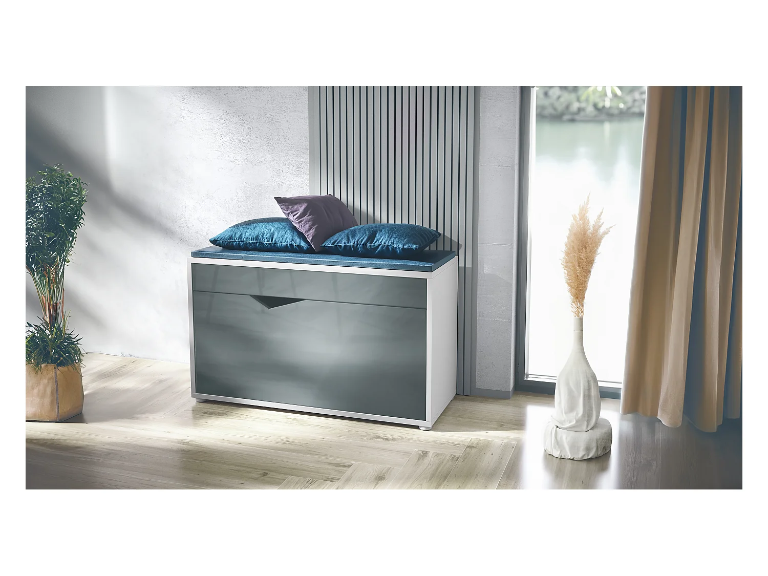 Banc à Chaussures Kolmio, Banc d'Assise pour 8 Paires de Chaussures, Étagère à Chaussures avec Siège, blanc mat/gris haute brillance (85 x 50 x 33 cm)