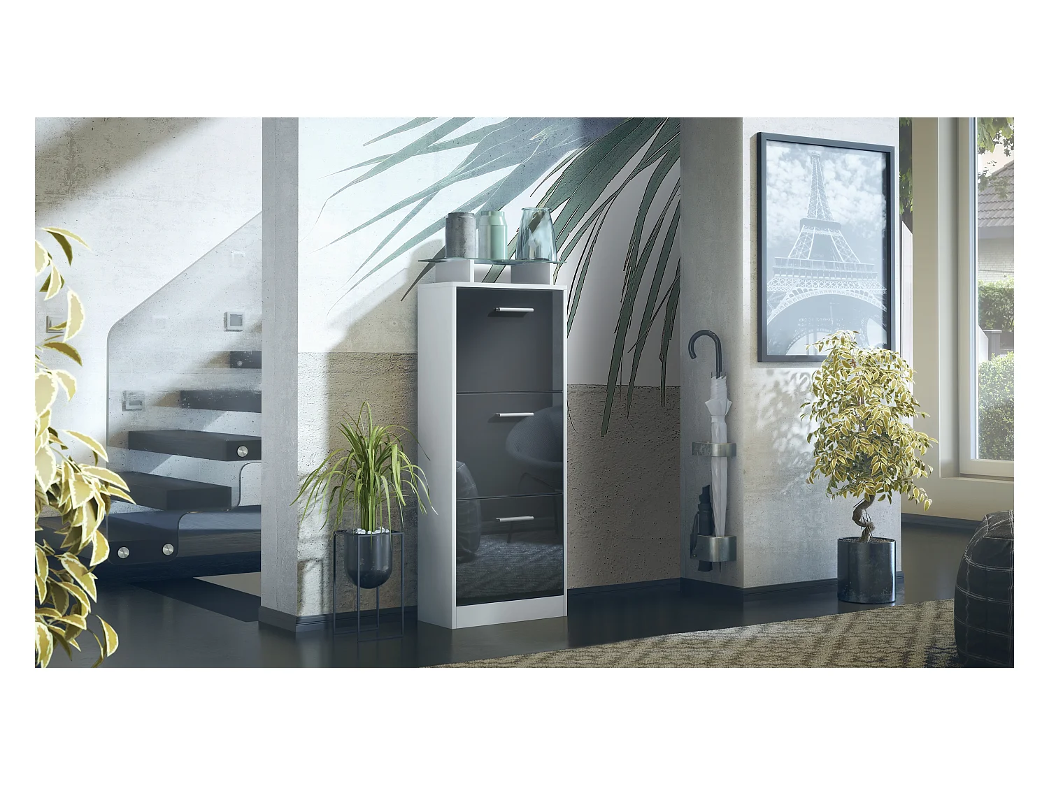 Meuble à Chaussures Lavia V2, Range-Chaussures pour 12 Paires avec 3 Abattants et Étagère en Verre, blanc mat/noir haute brillance (46 x 128 x 23 cm)