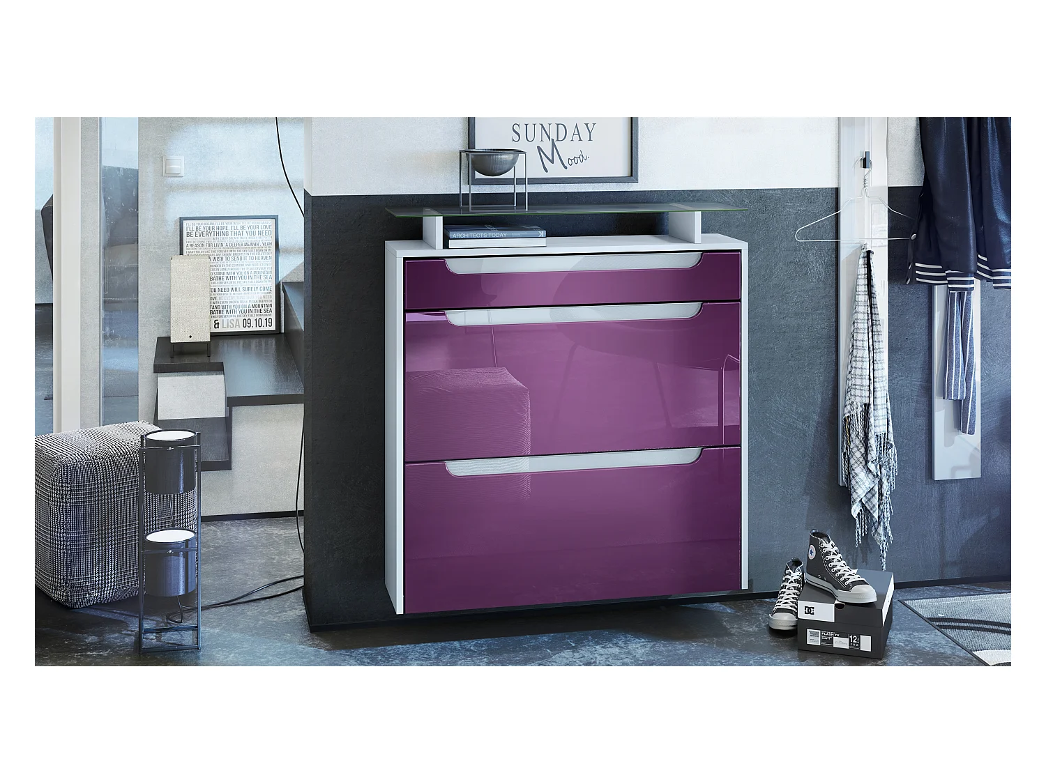 Meuble chaussures Annie pour 16 paires de chaussures avec 2 clapets et 1 tablette en verre, Blanc mat/Mûre haute brillance (89 x 96 x 23 cm)