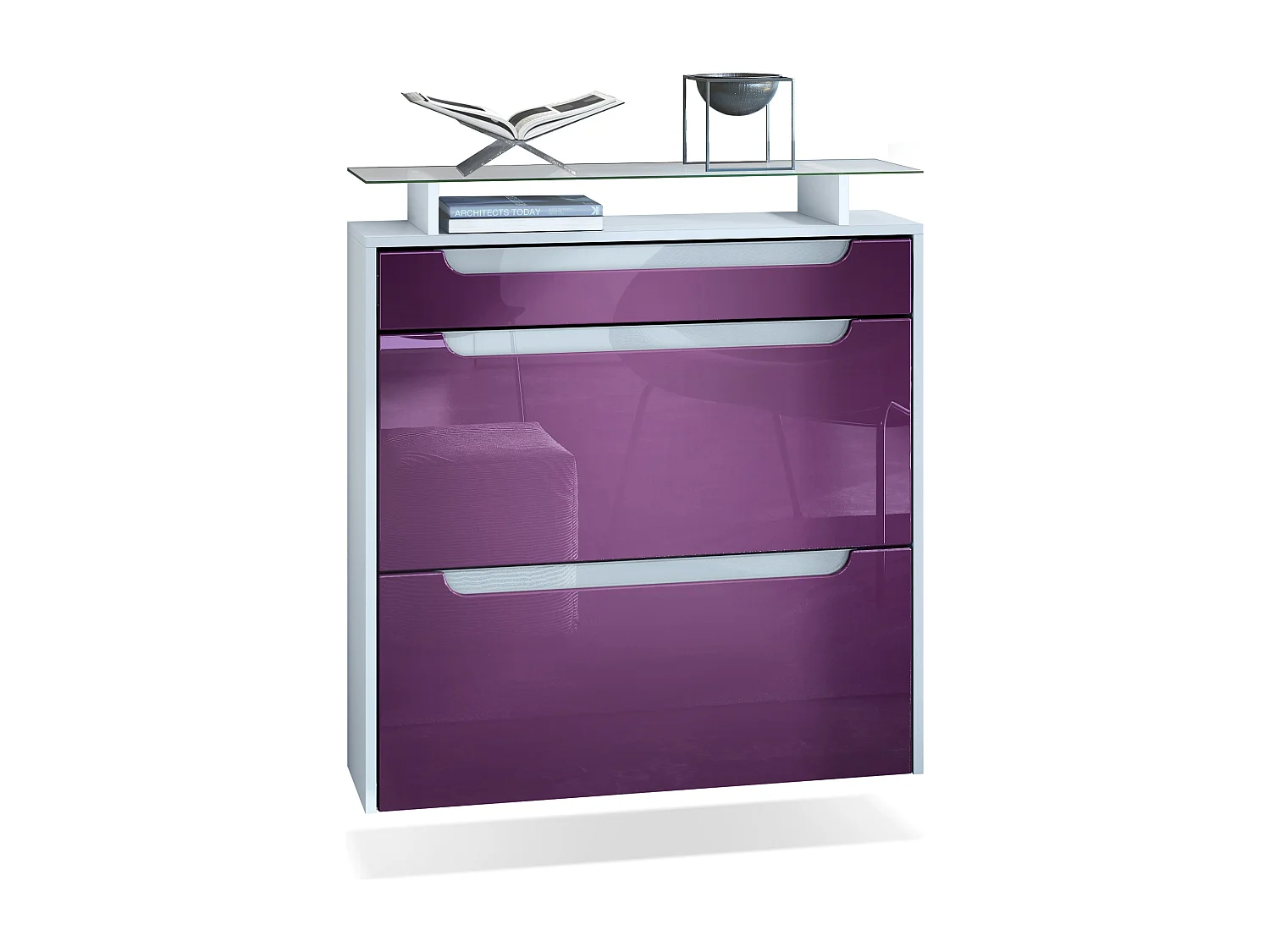 Scarpiera  Annie per 16 paia di scarpe con 2 ante a ribalta ripiano in vetro, bianco opaco/violetto-porpora (89 x 96 x 23 cm)