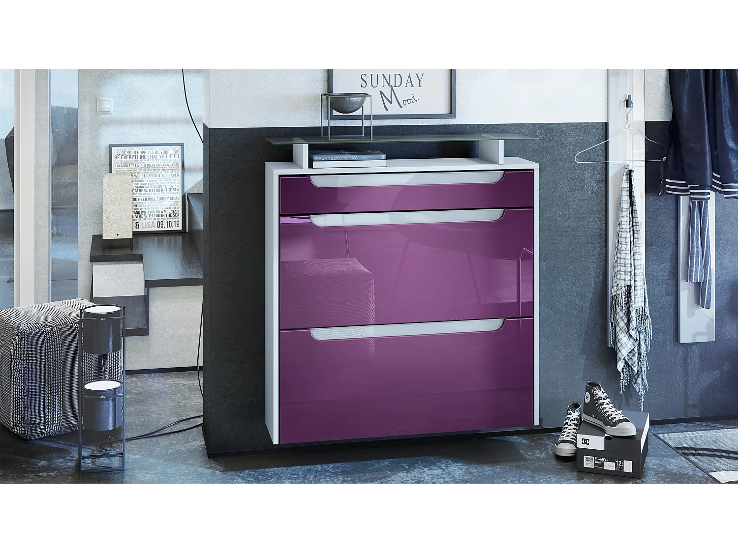 Scarpiera  Annie per 16 paia di scarpe con 2 ante a ribalta ripiano in vetro, bianco opaco/violetto-porpora (89 x 96 x 23 cm)