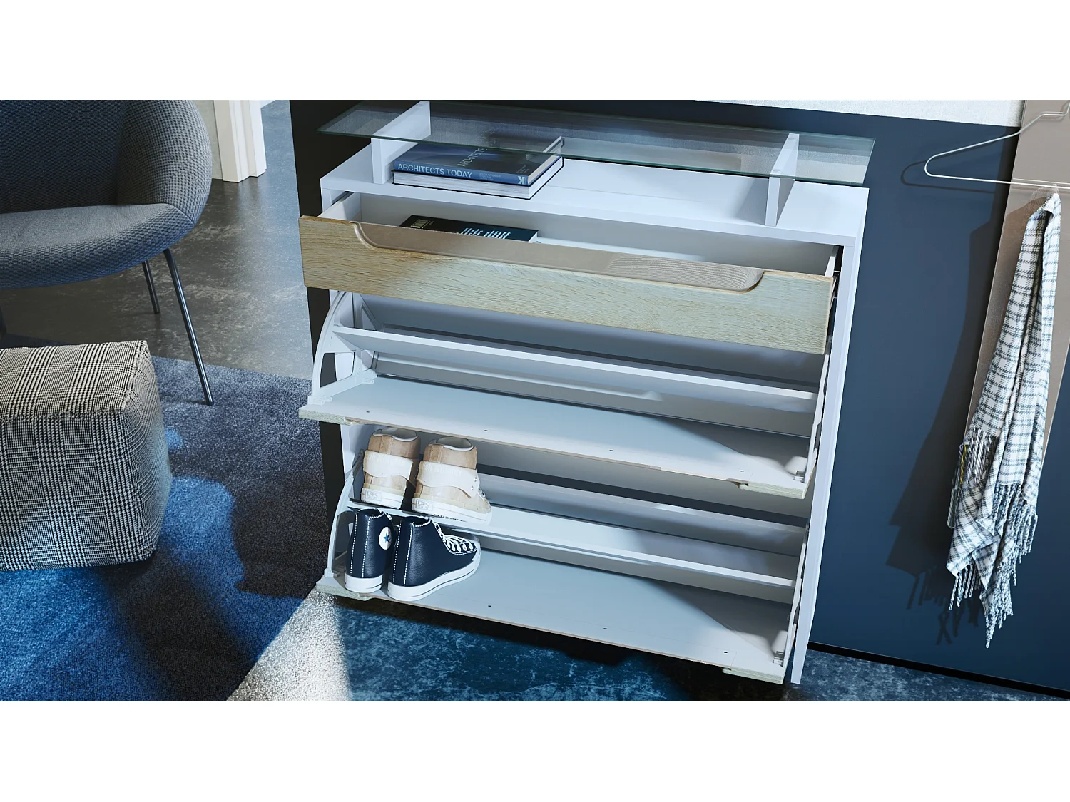 Scarpiera  Annie per 16 paia di scarpe con 2 ante a ribalta ripiano in vetro, bianco opaco/violetto-porpora (89 x 96 x 23 cm)