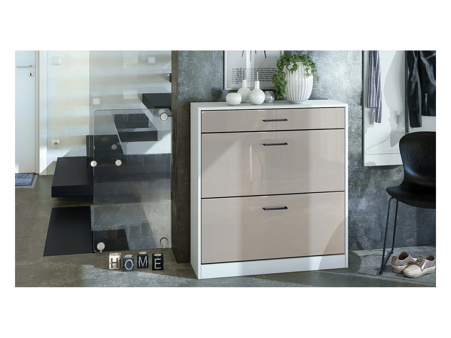 Armoire à chaussures inclinable Elvas 89 x 95,5 x 27 cm, caisson en blanc mat, façade en Gris sable laqué haute brillance