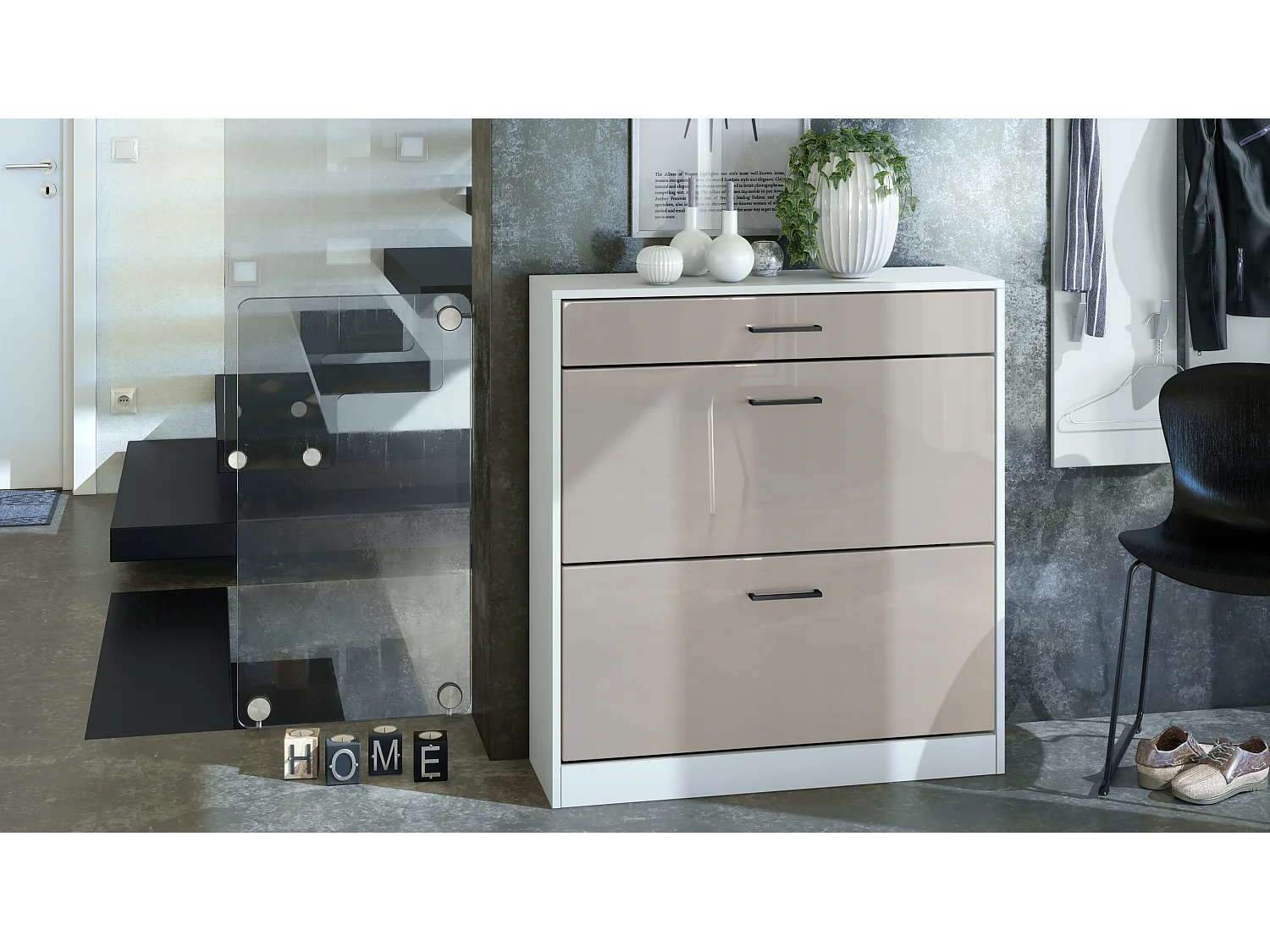 Scarpiera Elvas 89 x 95,5 x 27 cm, struttura in bianco opaco, frontale in grigio sabbia lucido.