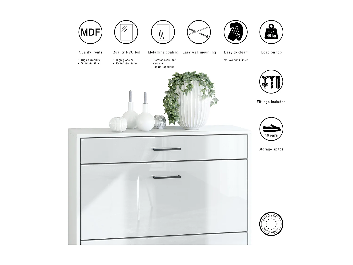 Scarpiera Elvas 89 x 95,5 x 27 cm, struttura in bianco opaco, frontale in grigio sabbia lucido.