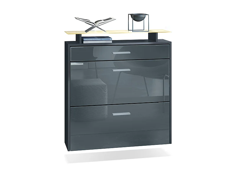 Scarpiera Vladon Malea, antracite opaco /grigio lucido incl. LED - carrello appeso per 16 paia di scarpe (89 x 96 x 23 cm)