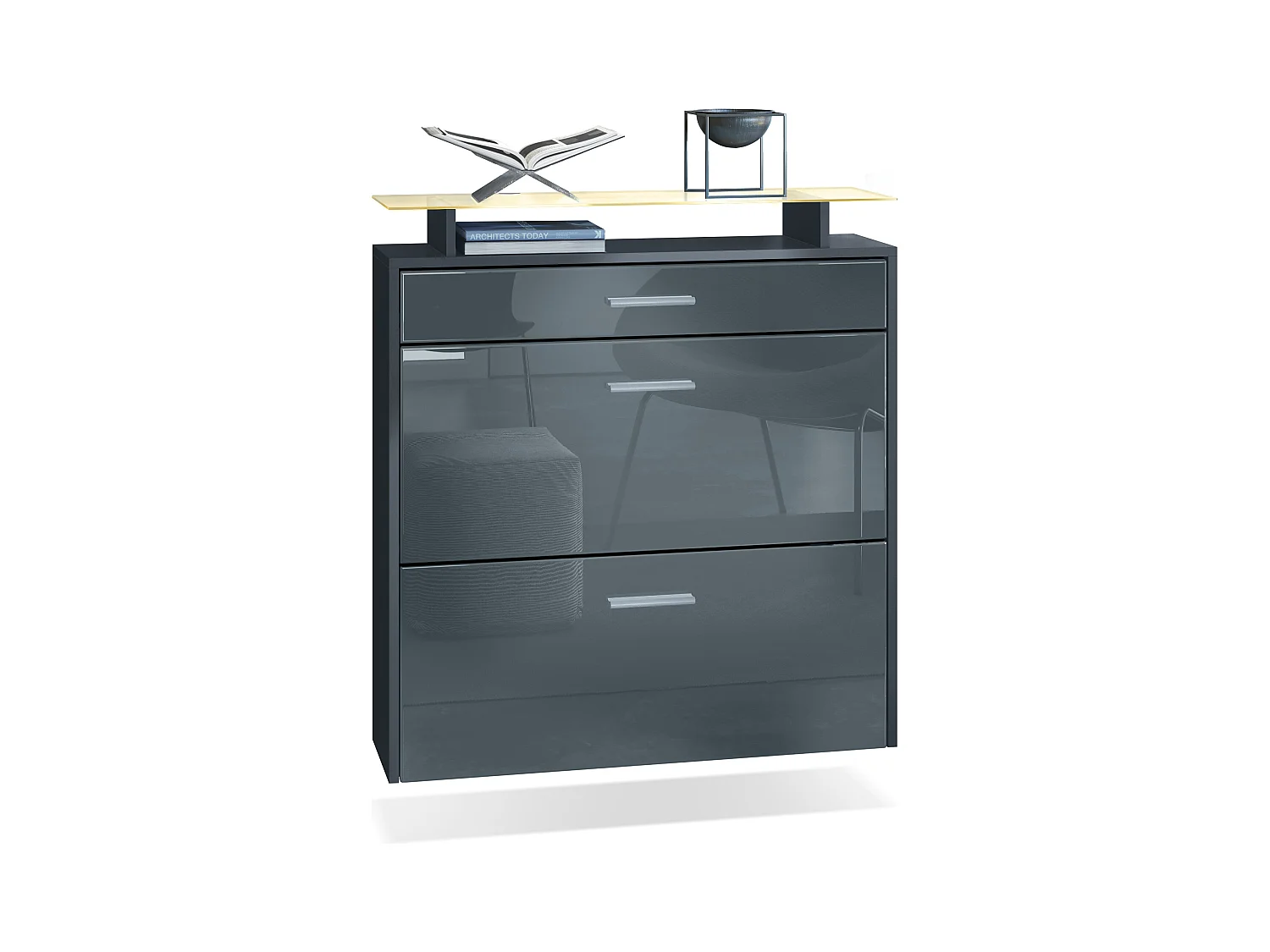 Armoire à chaussures Malea de , anthracite mat/gris brillant y compris LED - basculeur à chaussures suspendu pour 16 paires de chaussures (89 x 96 x 23 cm)